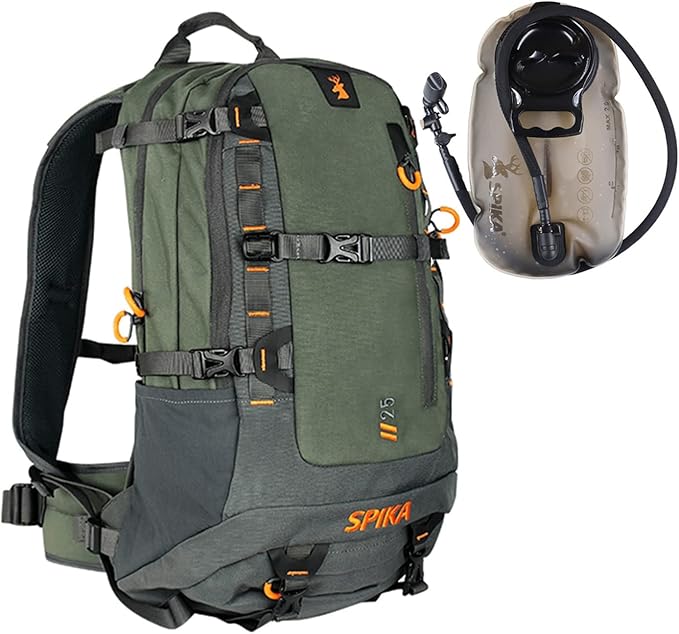 SPIKA Hunting Backpacks for Men, 25L Green Hunting Day Pack with Water Bladder, Removable Waist Belt, Rifle Holder, Internal Ammo Storage and Rain Cover