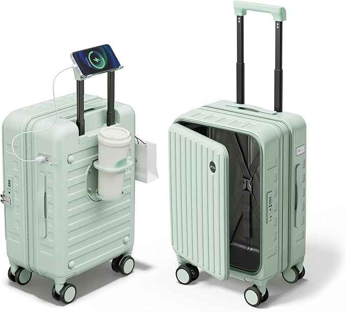 Expandable Lightweight PC Hard Shell Suitcase, 20-inch Carry On Luggage with TSA Lock, 360 Silent Spinner Wheels, Top Opening & Cup Holder - Ideal for Business Travel Suitcase (Mint Green)