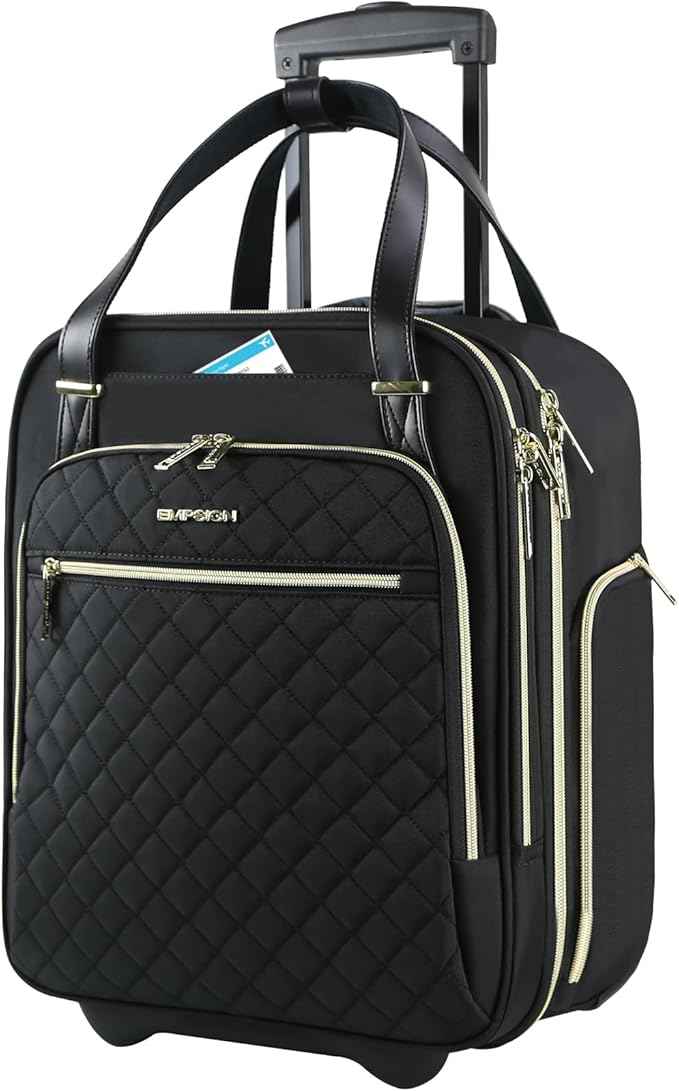 EMPSIGN Underseat Carry On Wheeled - 16" Carry on Bag with Wheels Multi-functional Lightweight Rolling Bag Overnight Weekender Small Suitcase for Women Men Travel Business, Black-Gold Zipper