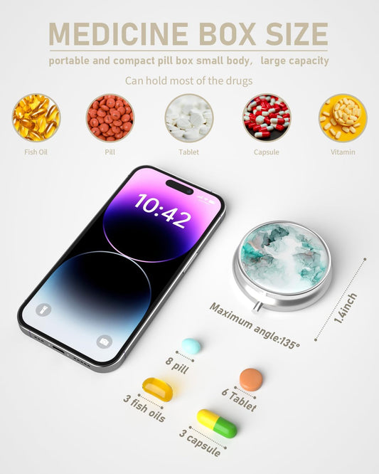 Pill Box, 3 Compartment Portable Travel Medicine Box with Mirror, Compact and Cute, Fits in Purse and Pocket, Medicine and Vitamin Organizer (Green White Marble)