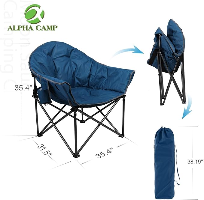 ALPHA CAMP Oversized Camping Chairs Padded Moon Round Chair Saucer Recliner with Folding Cup Holder and Carry Bag