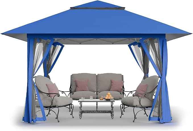 CROWN SHADES 13x13 Pop Up Gazebo, Canopy Tent, Gazebos on Clearance - Outdoor Gazebo for Backyard & Patio Furniture - Carpa Pop Up Tent with Wheeled STO-N-Go Cover Bag (Blue)