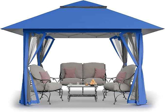 CROWN SHADES 13x13 Pop Up Gazebo, Canopy Tent, Gazebos on Clearance - Outdoor Gazebo for Backyard & Patio Furniture - Carpa Pop Up Tent with Wheeled STO-N-Go Cover Bag (Blue)