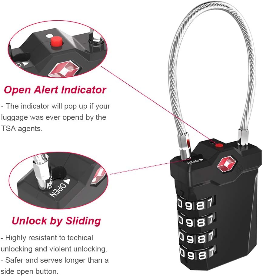 ZHEGE TSA Approved Lock, 4 Digit Cable Luggage Lock, Travel Lock with White Number, Flexible TSA Cable Lock for Suitcase, Gym Locker, School Locker, Easy to Read (1 Pack, Sliver)
