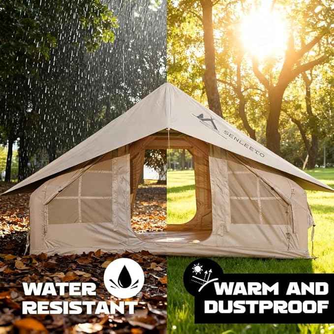 Inflatable Camping Tents 8-10 Person,129 Square Feets Large Inflatable Camping Tent with Stove Jack,Blow up Tent with Mesh Windows & Pump
