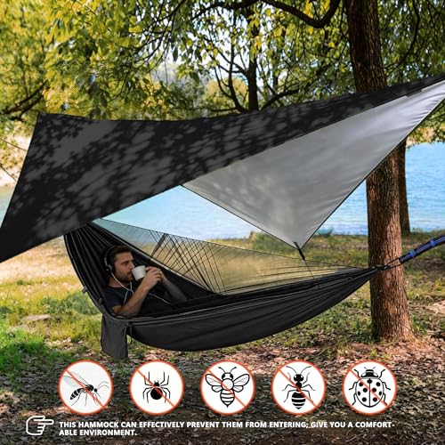 Camping Hammock with Rain Fly Tarp Mosquito Net Heavy Duty Tree Straps Portable Double Parachute Hammocks Tent Waterproof Rainfly Set