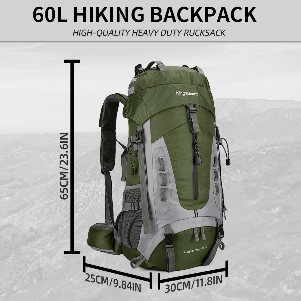 King'sGuard 60L Hiking Backpack Large Waterproof Camping Backpack for Men and Women Lightweight Frameless Backpacking Backpack with Rain Cover (Army Green) - Roamly