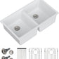 Dcolora 33 Inch Double Bowl Undermount Kitchen Sink White Deep Double Basin Prep Sink 50/50 Split Granite Composite 33"×19"×10“,#DC-GU001W