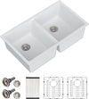 Dcolora 33 Inch Double Bowl Undermount Kitchen Sink White Deep Double Basin Prep Sink 50/50 Split Granite Composite 33"×19"×10“,#DC-GU001W