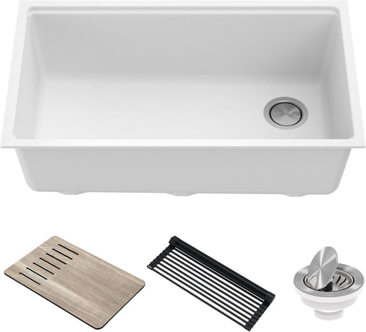 KRAUS Kitchen Sink Bellucci 32” Undermount Workstation Granite, Metallic White, Accessories, KGUW1-33WH