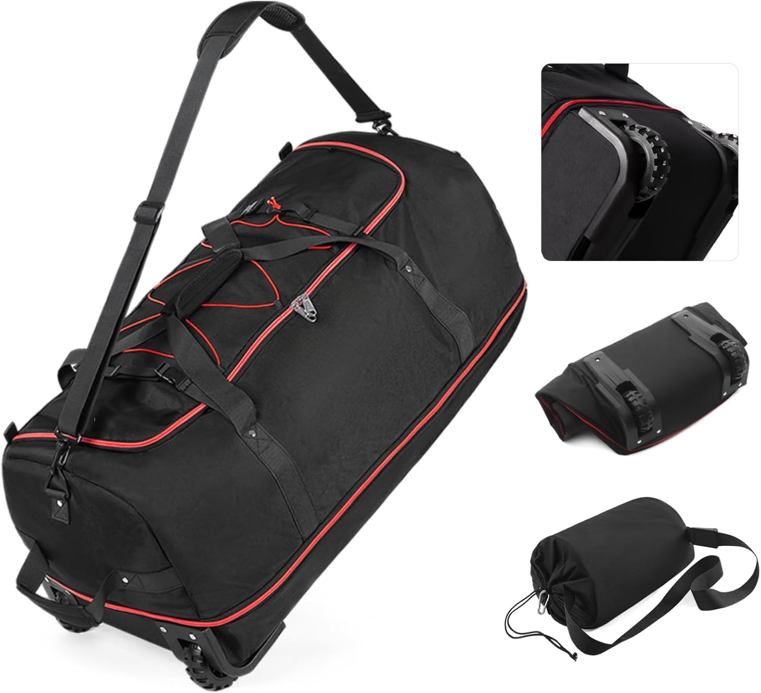 Vomgomfom 32" Soft-Sided Foldable Wheeled Travel Duffel Bag,Expandable 110L to 140L Rolling Cargo Bag with 2 Wheels and Multiple Pockets,Black-red - Roamly