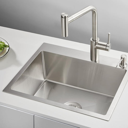 POPFLY 22 Inch Kitchen Sink, 22 x 18 Inch Drop in 18 Gauge Stainless Steel Single Bowl Laundry Sinks 2 Holes Top mount Handmade Utility Small Bar Deep Sink, Brushed