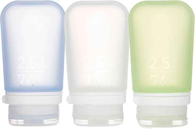 humangear GoToob+ 3-Pack (Medium) | Refillable Silicone Travel Bottle | Locking Lid | Food-Safe Material, Clear/Green/Blue, Medium (2.5 fl.oz.; 74ml)