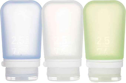 humangear GoToob+ 3-Pack (Medium) | Refillable Silicone Travel Bottle | Locking Lid | Food-Safe Material, Clear/Green/Blue, Medium (2.5 fl.oz.; 74ml)