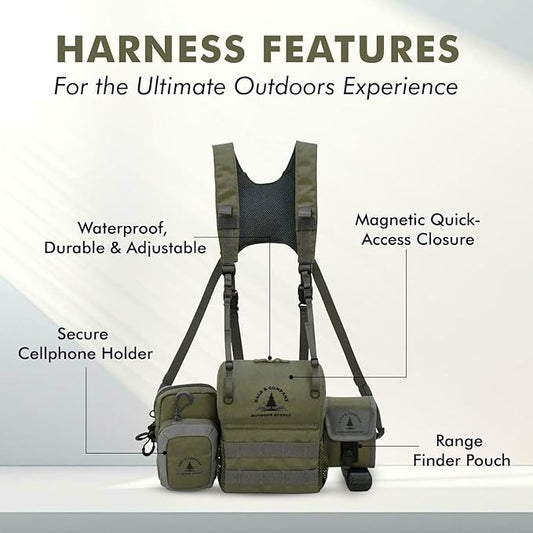 Dale & Company Binocular Harness for Hunting – Bino Harness System with Rangefinder Pouch & Phone Holder – Magnetic Cordura Chest Pack – Fits 10x42–12x50 – Recon Pro Backcountry Hunting Gear