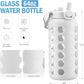 MUKOKO 64oz Glass Water Bottles with Straw and Lid,Half Gallon Water Bottle with Time Marker,Large Glass Water Jug with Silicone Sleeve and Stainless Steel Handle-White