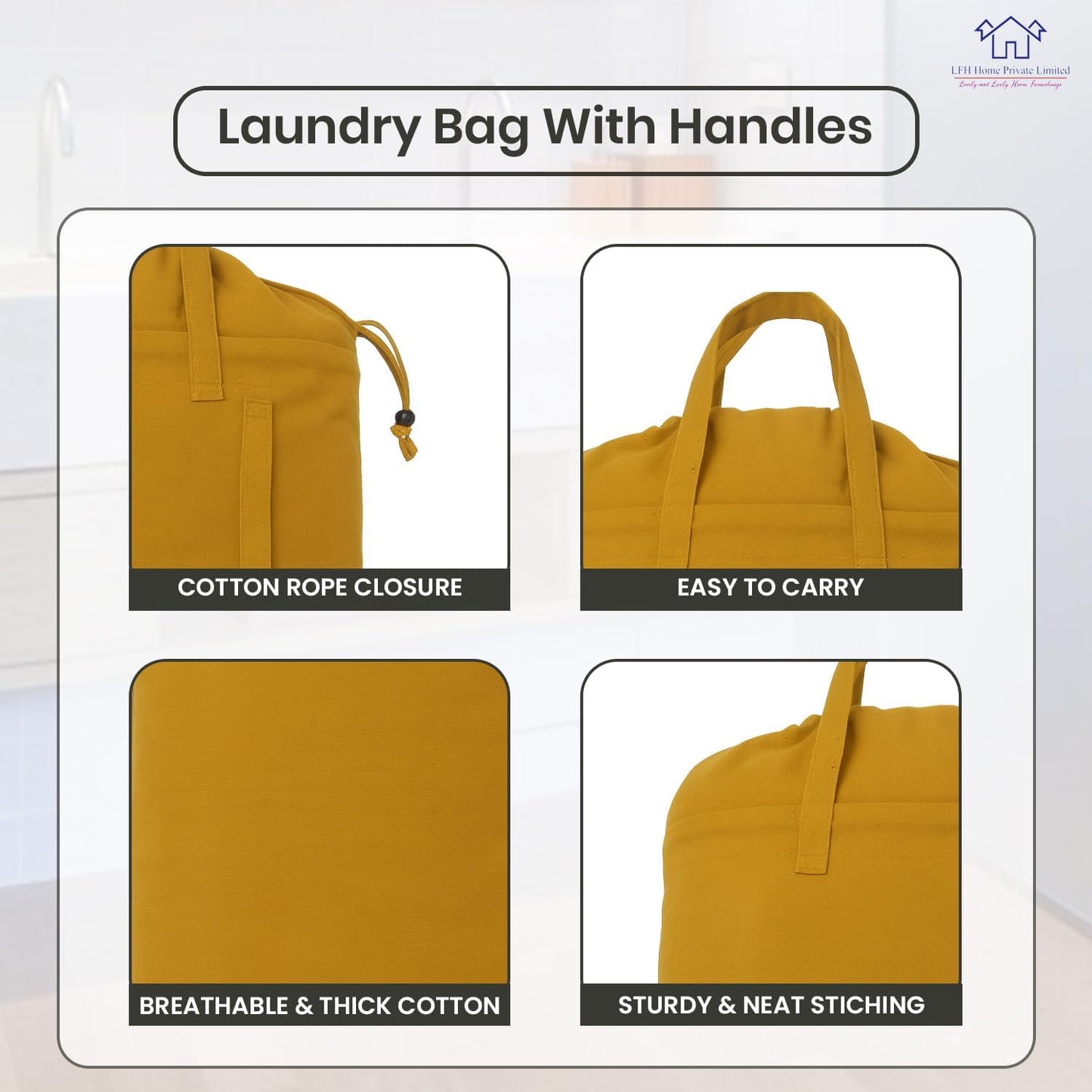LFH Home Cotton Canvas Large Laundry Bag with Handle, Heavy Duty Drawstring Closure Washable Laundry Bags, School Travel, Home, Hotel, College Dorm, Organizer Sack, Toys Clothes 28x40-Yellow