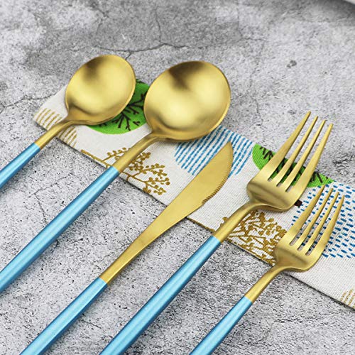 20-Piece 18/10 Stainless Steel Flatware Silverware, Luxury Dinnerware Set Travel Cutlery Tableware Include Knife Fork Spoon Service for 4, Dishwasher Safe (Blue Handle Matte Gold) (4 Count)
