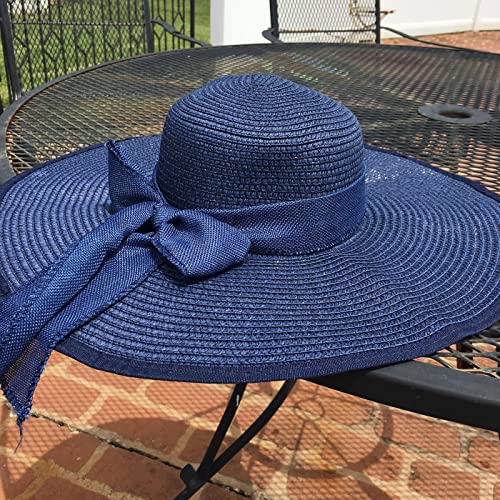 Women Wide Brim Bow Straw Hat Floppy Foldable Beach Sun Hat Roll up Cap UPF 50+