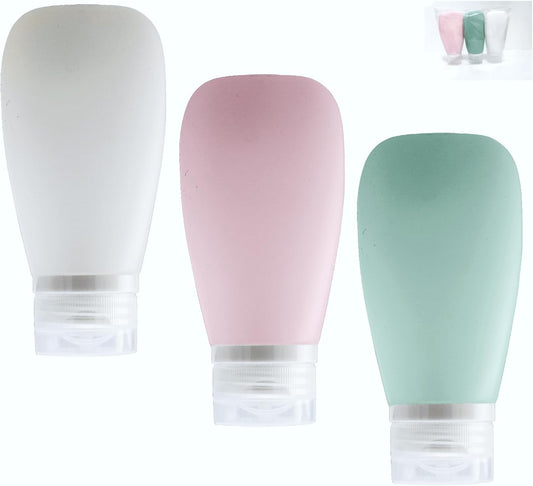 Travel Bottles for Toiletries, TSA Approved 3oz Leak Proof Silicone Refillable Squeeze Travel Size Containers BPA Free Air Travel for Shampoo, Lotions, 3-pk (Pink-White-Teal)
