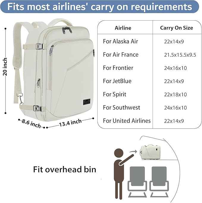 MATEIN Large Backpack for Travel Flight Approved, 45L Carry on Backpack with Padded Shoulder Straps for Adult, Men, Women, Expandable Daypack for Clothes, Travel Essentials, Beige