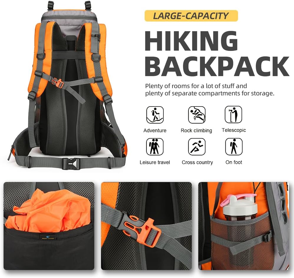 King'sGuard 60L Hiking Backpack Large Waterproof Camping Backpack for Men and Women Lightweight Frameless Backpacking Backpack with Rain Cover (Orange) - Roamly