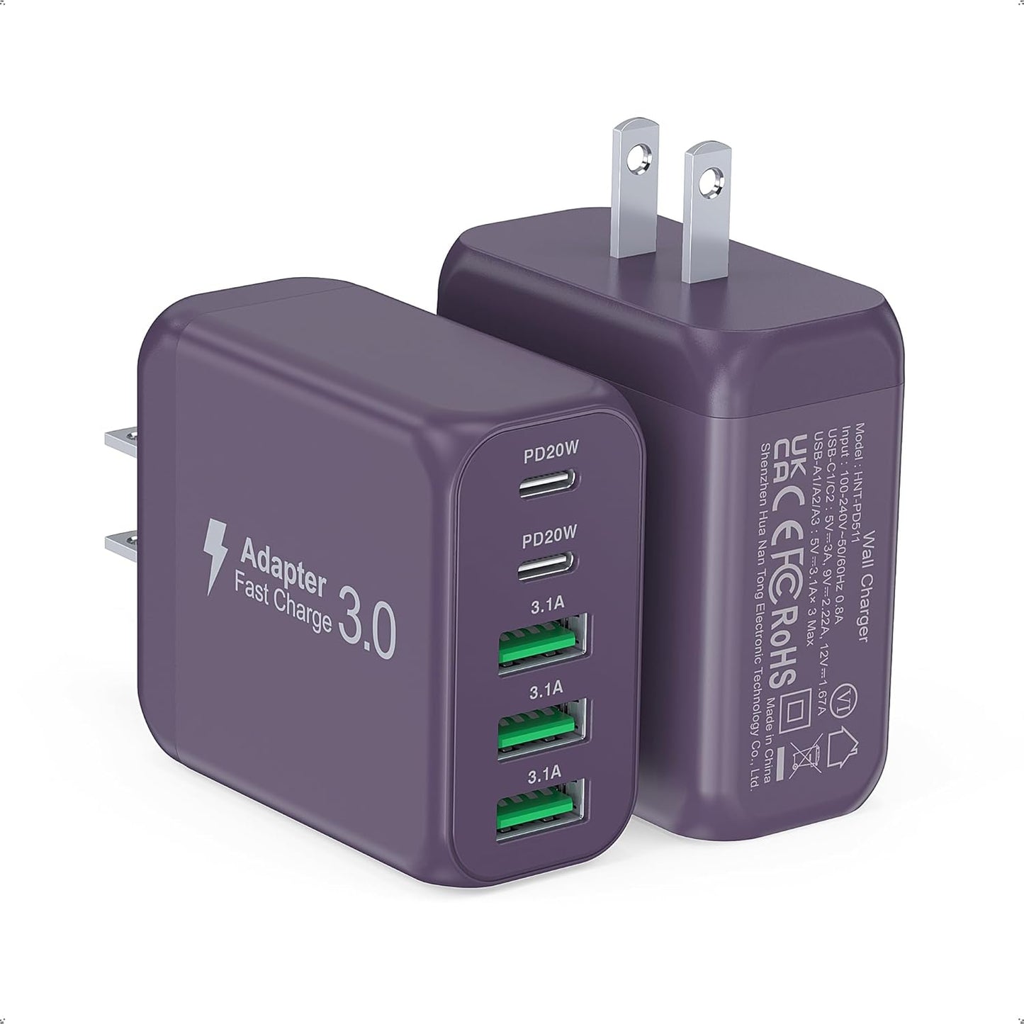 50W 2-Pack USB C Wall Charger Block, 5-Port C Charger Fast Charging Block PD Power Adapter +QC 3.0 Multiport Type C Box Brick Cube USB A Wall Plug for iPhone 16/15/14/13 Pro Max,Samsung Galaxy(Purple) - Roamly