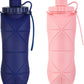 YCT Collapsible Silicone Travel Water Bottle 20oz (600ml), Reuseable Leakproof BPA Free Foldable Sports Bottle, with Carrying Strap, Dark Blue + Pink