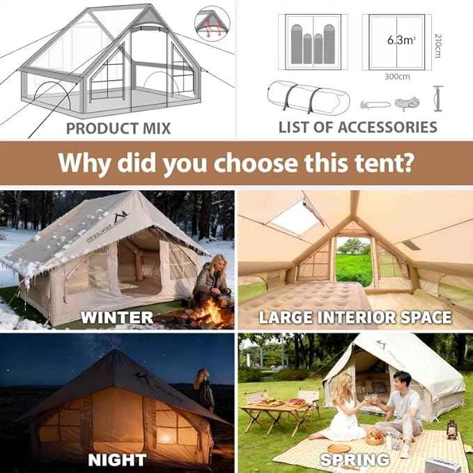 Inflatable Camping Tents 8-10 Person,129 Square Feets Large Inflatable Camping Tent with Stove Jack,Blow up Tent with Mesh Windows & Pump