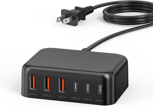 USB C Fast Charger, 100W GaN 6 Port Type USB C Charging Station Hub Block Cube, Wall Charger Power Strip Adapter Plug for iPad iPhone 16 15 14 13 12 Pro Max Pixel Note Galaxy, 5ft Cord