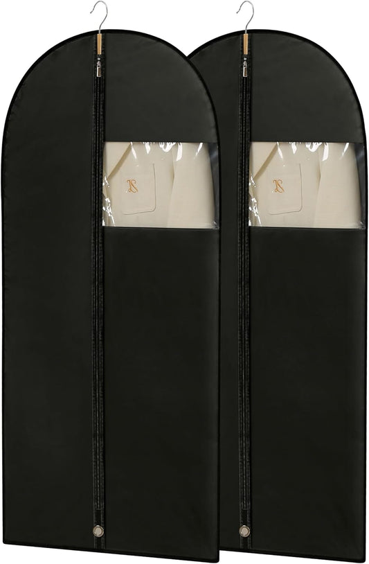 Garment Bags for Hanging Clothes, 50'' Long Dress Bags for Closet Storage, Black Garment Covers with Clear Window for Suits, Coats, Jackets（2 Packs）