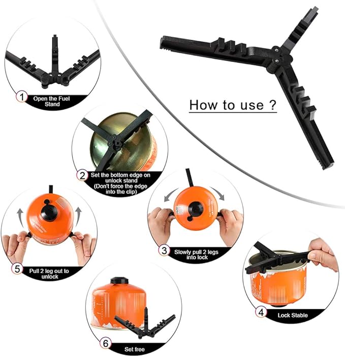 Folding Universal Fuel Can Canister Stand, Caudblor Tripod Stabilizer for Camping Stoves, Upgrade Compact Butane Gas Tank Bracket, Plastic Cylinder Cartridge Holder, Footrest for Outdoor Hiking Stove