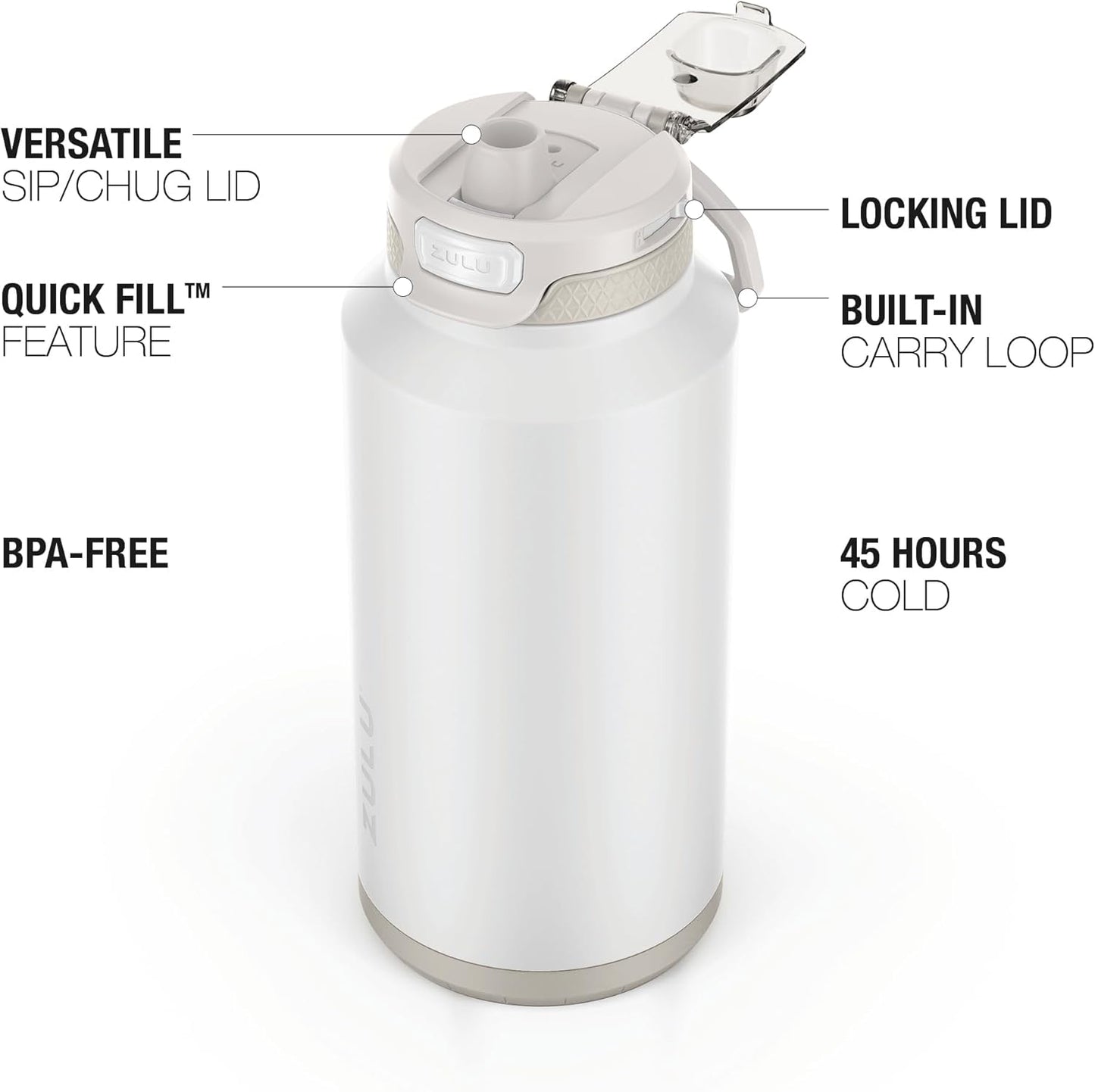 ZULU Powerfill Pro 64oz Half Gallon Stainless Steel Water Bottle with Quick Fill Lid, Triple Walled Vacuum Insulated Metal, Leak Proof Locking Lid, Sip and Chug, Reusable BPA Free, White Monochrome - Roamly