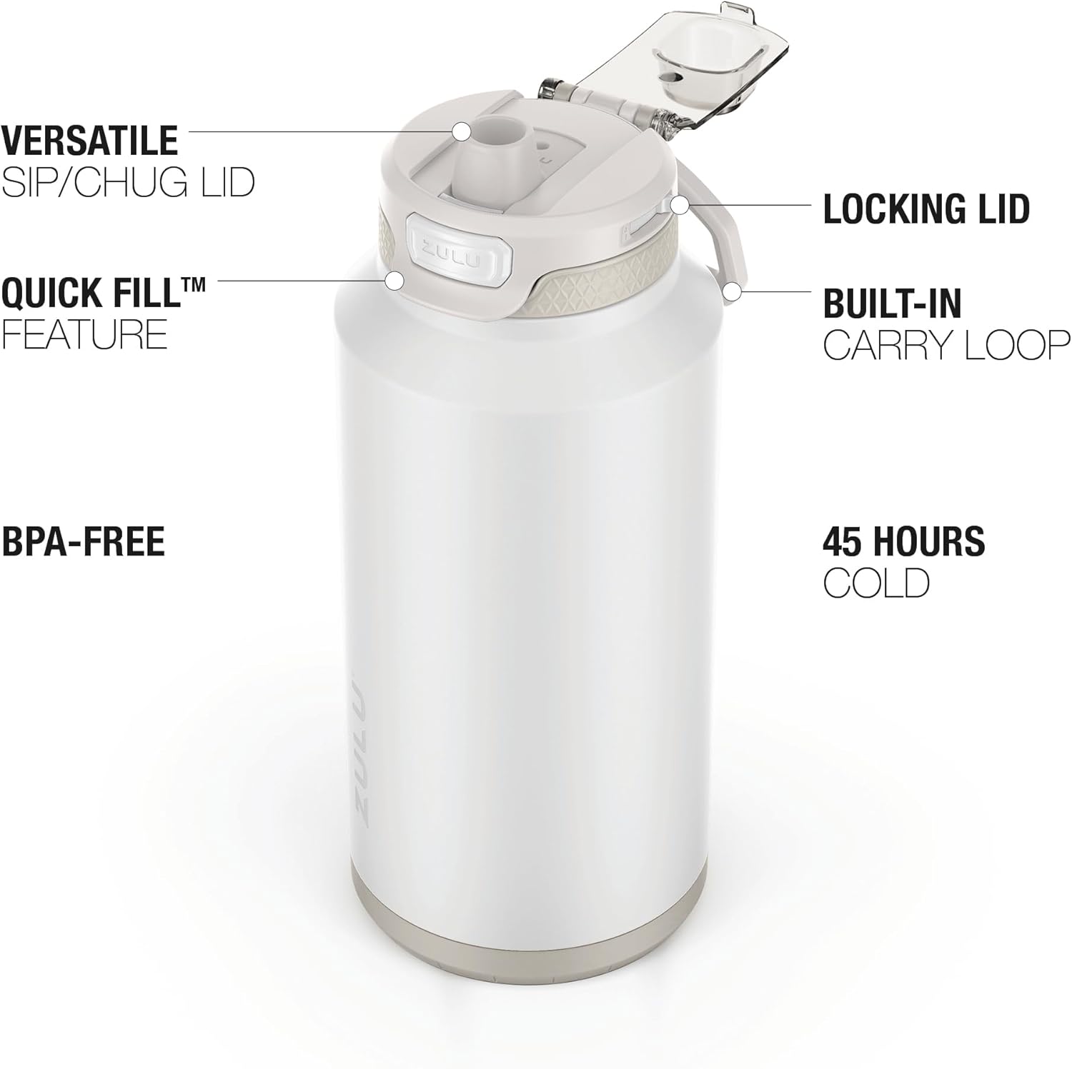 ZULU Powerfill Pro 64oz Half Gallon Stainless Steel Water Bottle with Quick Fill Lid, Triple Walled Vacuum Insulated Metal, Leak Proof Locking Lid, Sip and Chug, Reusable BPA Free, White Monochrome - Roamly