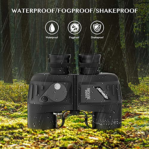 10x50 Waterproof Marine Binoculars for Adults with Rangefinder Compass BAK4 Prism FMC Lens for Birdwatching Hunting Boating Fishing Water Sports