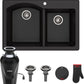 KRAUS Forteza™ 33” Dual Mount 60/40 Double Bowl Granite Kitchen Sink in Black with WasteGuard™ Continuous Feed Garbage Disposal, KGD-50BL-100-75MB