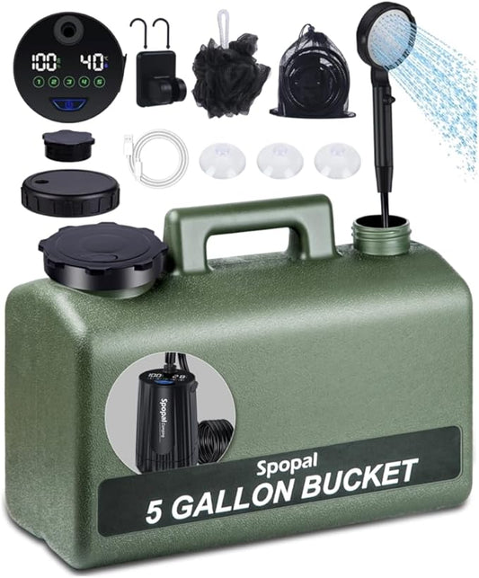Spopal Portable Shower for Camping with 5-Gallon Water Jug, [Upgraded] 10000mAh Rechargeable Camping Shower with 5 Adjustable Speeds, Food Grade Material Water Containers for Hiking, Travel, Car, Pet