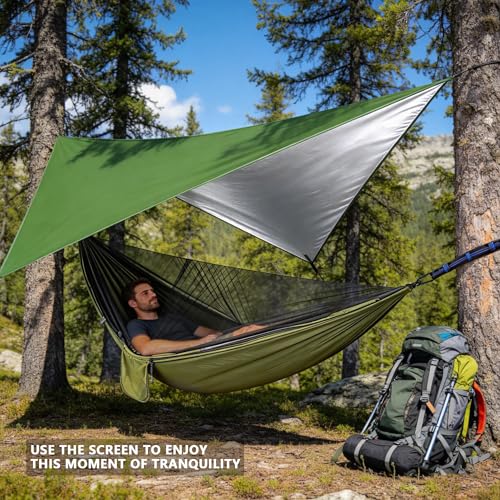 Camping Hammock with Rain Fly Tarp Mosquito Net Heavy Duty Tree Straps Portable Double Parachute Hammocks Tent Waterproof Rainfly Set