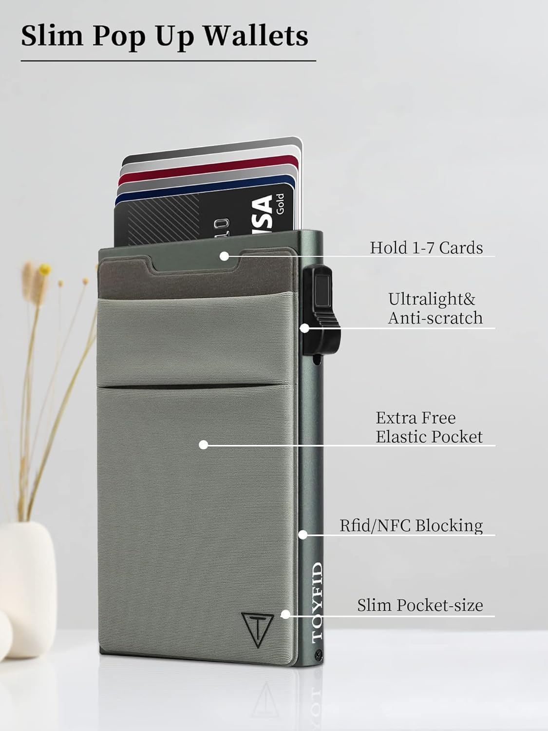 Slim Wallet for Men and Women,Pop Up Credit Card Wallet Metal Minimalist Cards Holder with Money Pocket,Small Ultralight Aluminum RFID Blocking Wallets 6-12 Card Capacity,Grey