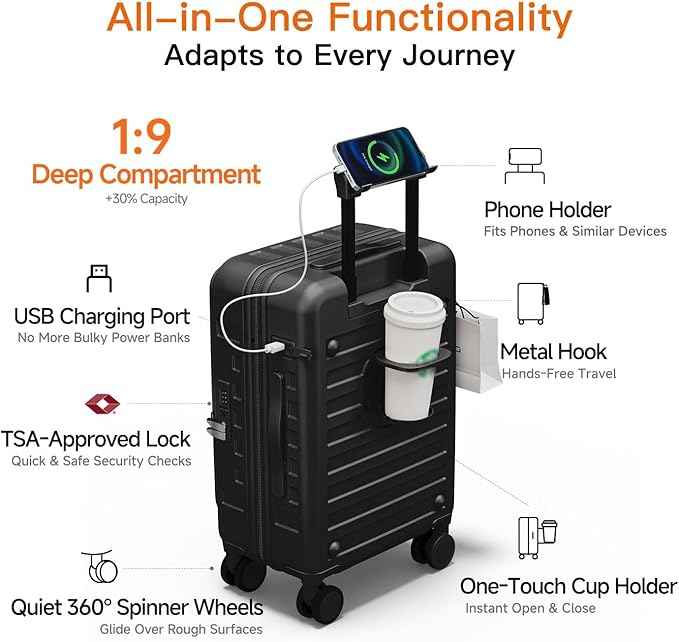Expandable Lightweight PC Hard Shell Suitcase, 20-inch Carry On Luggage with TSA Lock, 360 Silent Spinner Wheels, Top Opening & Cup Holder - Ideal for Business Travel Suitcase (Black)