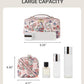 Aveniee Travel Makeup Bag for Women, Large Cosmetic Organizer with Open-Flat Design, Clear Divider & Handle - Waterproof PU Leather Toiletry Case (Floral Pattern)