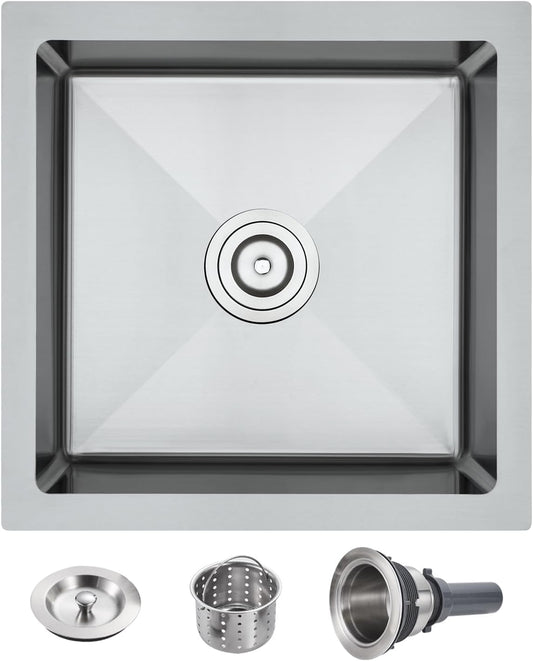 POPFLY 15×15 Inch Undermount Wet Bar Sink, 18 Gauge 304 Stainless Steel Kitchen Sink 15" Small Outdoor Mini Rv Under Counter Sinks, Brushed Nickel