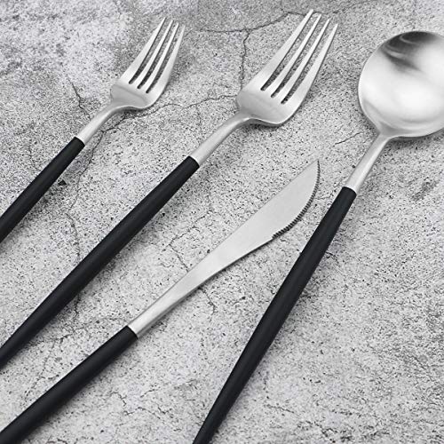 Black Handle Matte Silver Silverware Set