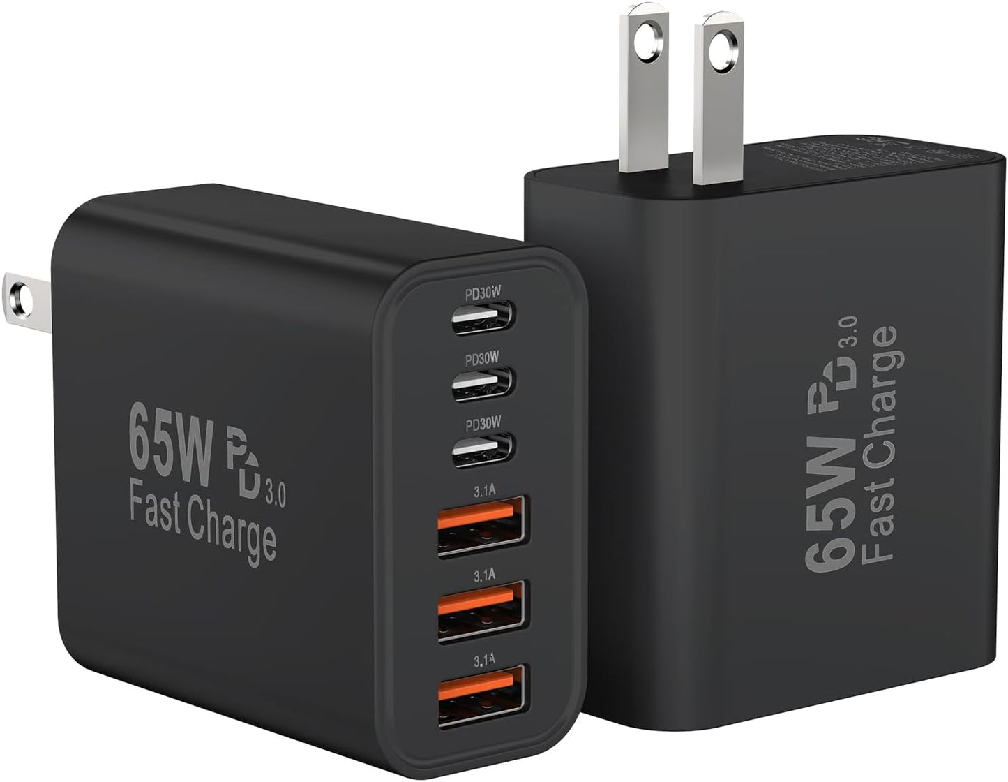 USB C Charger Block, 65W USBC Wall Charging Blocks 6-Port PD & QC Power Adapter Multiport Type C Fast Chargers Plug Cube Brick for iPhone 16/15/14/13/12/Pro Max,iPad Pro,Samsung Galaxy S25 Black