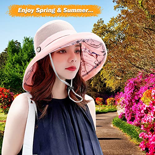 Women Summer Mesh Sun Hats Floppy Wide Brim UV Protection Fishing Hat Beach Hiking Garden Travel Lawn Work Cap Chin Strap