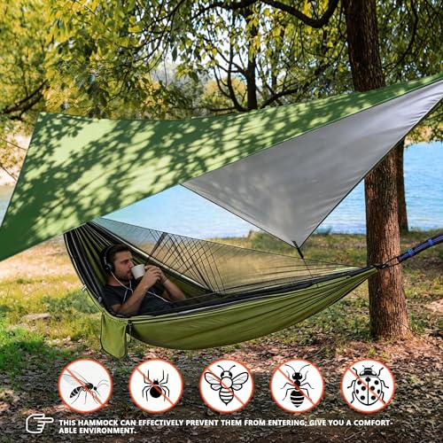 Camping Hammock with Rain Fly Tarp Mosquito Net Heavy Duty Tree Straps Portable Double Parachute Hammocks Tent Waterproof Rainfly Set