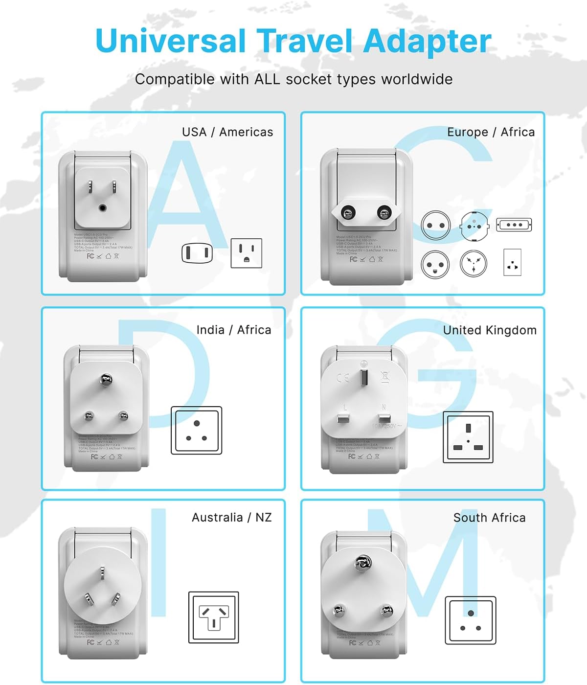 VINTAR Universal Travel Adapter Kit, 5ft Detachable Extension Cord with 4 AC Outlets & 3 USB(2 USB C), Type A/C/G/D/I/M International Power Adaptor for US to Europe UK India South Africa Japan