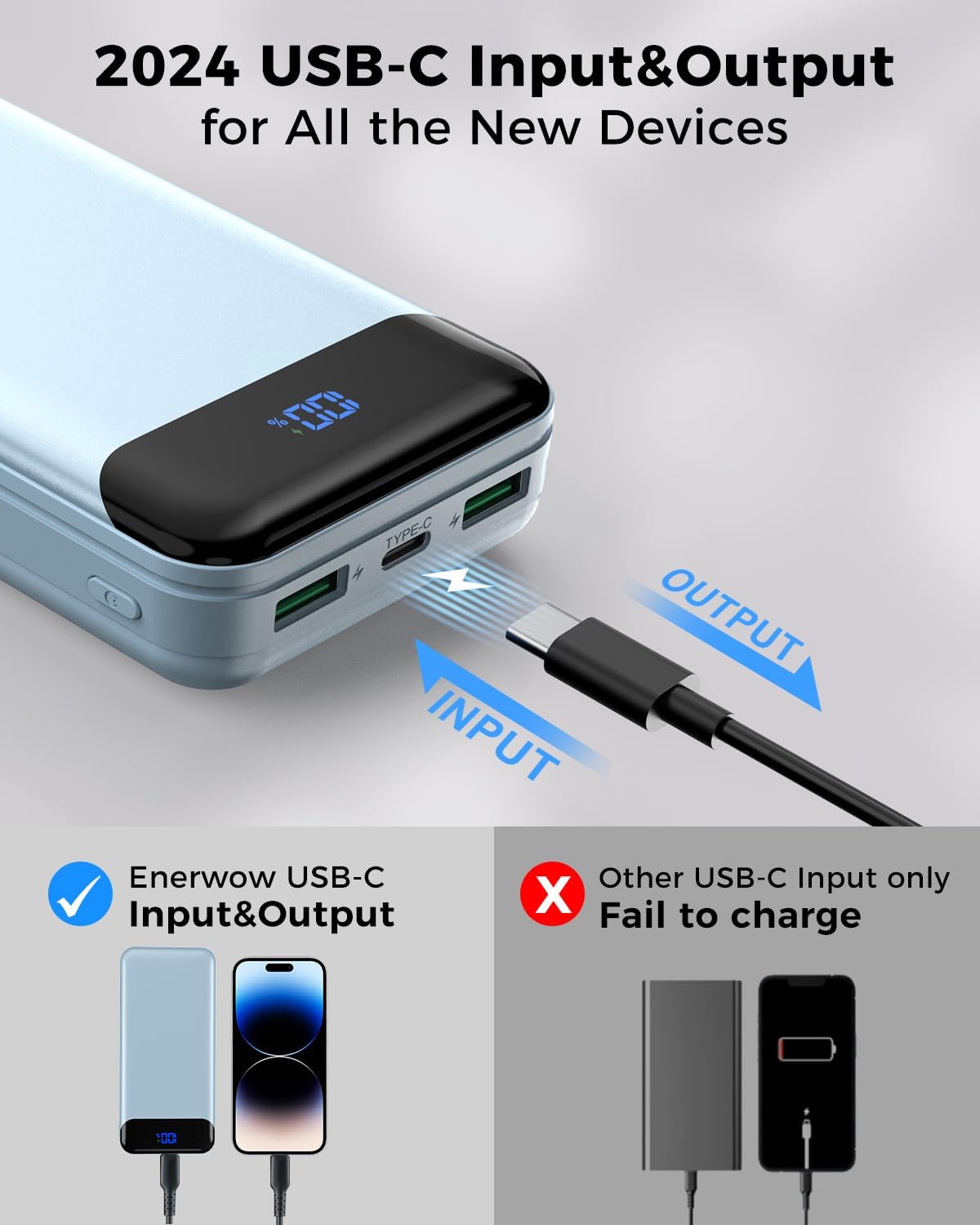 Portable Charger Power Bank 40000mAh Powerbank PD 30W and QC 4.0 Fast Charging External Battery Pack with USB-C LED 3 Outputs & 2 Inputs Portable Charging for iPhone 15 14 13 (Blue) - Roamly