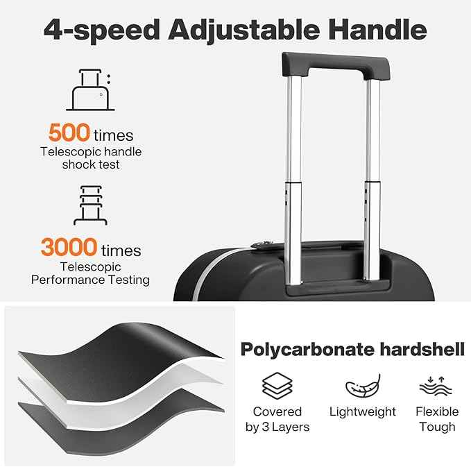 mixi 26 Inch Large Checked Luggage PC Hard Shell Suitcase Top Opening Aluminum Frame Travel Suitcases with Wheels, Black