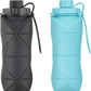 YCT Collapsible Silicone Travel Water Bottle 20oz (600ml), Reuseable Leakproof BPA Free Foldable Sports Bottle, with Carrying Strap, Dark Gray + Blue